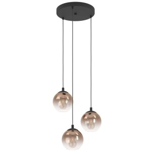 Moderna lampada a sospensione Eglo Ariscani con 3 paralumi in vetro color rame e acciaio nero.