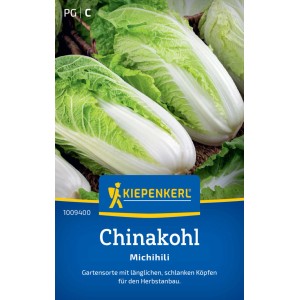 Graines de chou chinois Kiepenkerl Michihili : Têtes de chou allongées vert clair sur sachet de graines.