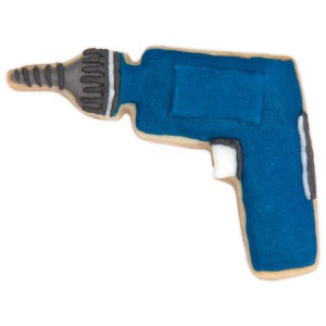 Blauer Bohrmaschinen-Keks mit Zuckerguss, detailreich verziert. Zeigt den Ausstecher Bohrmaschine 9 cm.