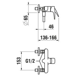Disegno tecnico del miscelatore monocomando per doccia Laufen Laurin, cromo, con dimensioni per l'installazione.