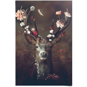 Maxiposter Fauna Flora Deer (61x91,5 cm): Hirsch mit Blumen und Schmetterlingen.