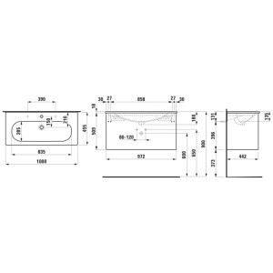Disegno tecnico del set mobili bagno Laufen Lani Grigio 100 cm con misure per lavabo e mobile.