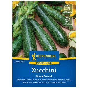 Graines de courgettes Kiepenkerl Black Forest : Courgettes vert foncé sur le paquet de graines.