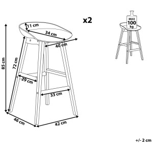 Illustration des tabourets de bar Beliani Micco, lot de 2, en hêtre blanc avec dimensions.