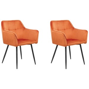 Lot de 2 chaises de salle à manger Jasmin en velours orange avec pieds en métal noir.