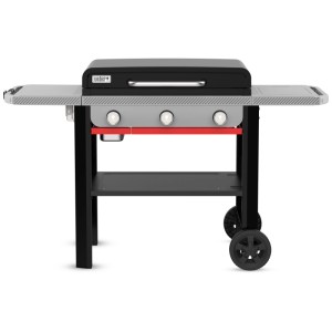 Weber barbecue a gas Slate Premium Plancha, nero, con 3 bruciatori, tavolini laterali e ruote.