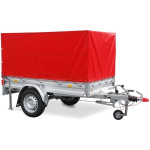 Remorque Stema Variolux 850 avec bâche haute rouge, roue jockey et accessoires.