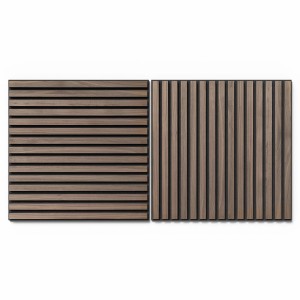Zwei Akustikpaneele in Walnuss-Optik mit schwarzem Akustikfilz für Wandverkleidung, 60x60 cm.
