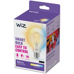 Lampadina LED a filamento WiZ Globe G95 E27, trasparente, 60W nella scatola.