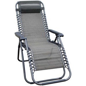 Sedia relax nero-taupe con poggiatesta, regolabile e pieghevole.