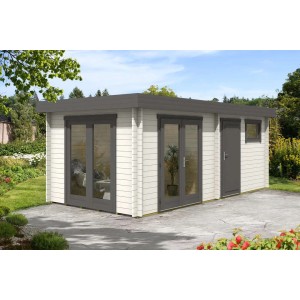 Moderne cabane de jardin blanche Alpholz Vönix-40 avec toit plat et annexe dans le jardin.
