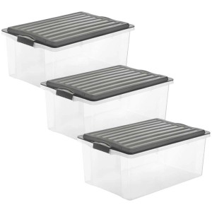 Boîtes de rangement Rotho Compact, lot de 3, 38L, transparentes avec couvercles gris.