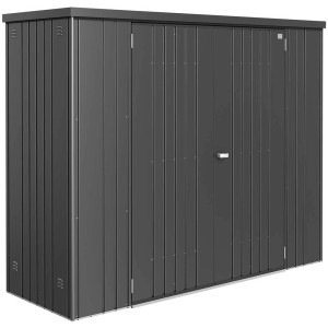 Armadio per attrezzi Biohort Gr. 230 in grigio scuro metallizzato. Armadio da giardino in metallo con doppia porta e serratura a cilindro.
