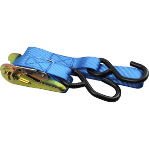 Sangle d'arrimage bleue 25 mm x 5 m avec cliquet et crochets en S pour une fixation sécurisée.
