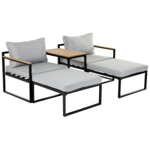 Greemotion Lounge-Set Retiro, 5-teilig, Aluminium schwarz/hellgrau mit Sesseln, Hockern und Tisch.