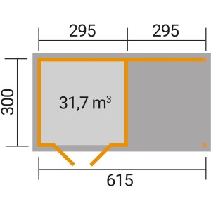 Plan de la maison de jardin en bois Weka Como avec toit en appentis, dimensions : 598x300cm, dont 303cm de toit en appentis.