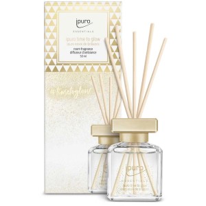 Ipuro Parfum d'ambiance Essentials Time to Glow 50ml avec bâtonnets parfumés et emballage.