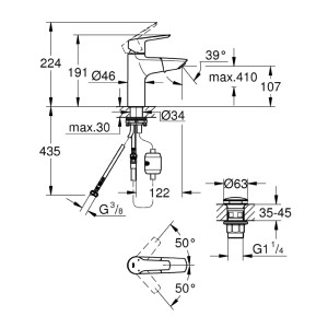Schéma technique : Mitigeur de lavabo Grohe Start M-Size avec dimensions et détails.