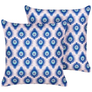 Zwei Beliani Gartenkissen Ceriana, 45x45cm, weiss mit blauem Pfauenfedermuster. Polyester für Innen- & Aussenbereich.