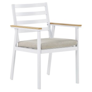 Chaise de jardin Cavoli, aluminium blanc, coussin beige, faisant partie du salon de jardin.