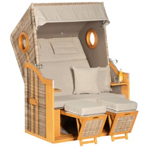 Nouvel Strandkorb Zingst, polyrotin beige, avec dossier et repose-pieds réglables.