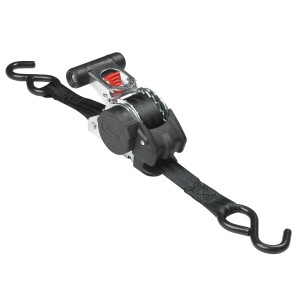Sangle d'arrimage noire Master Lock avec cliquet et crochets en S, longueur 3 m. Idéale pour sécuriser les charges.