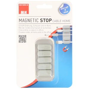Kabelhalter Magnetic-Stop, 5 graue Magnete und Metallplatte zur Kabelorganisation.