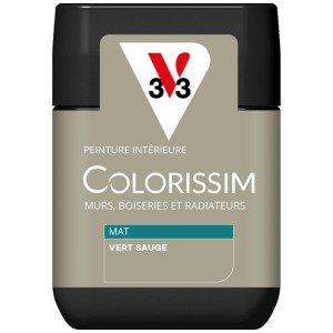 V33 Colorissim peinture intérieure vert sauge mat 75 ml. Pot vert pour murs, boiseries, radiateurs, finition mate.