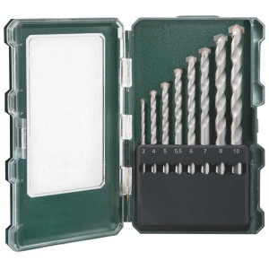 Coffret de 8 mèches à béton Metabo dans un boîtier vert, avec des mèches de différentes tailles.