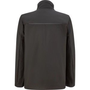 Veste softshell noire pour homme, vêtement de travail avec bande réfléchissante au dos.