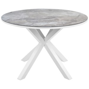 Tavolo da giardino rotondo Maletto con struttura in alluminio bianco e piano in vetro ceramico grigio effetto marmo.