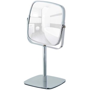 Miroir cosmétique sur pied, modèle K, Ø 15 cm, avec grossissement 5x et cadre chromé.