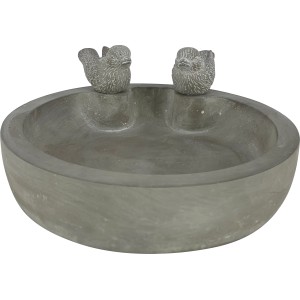 Bagno per uccelli grigio chiaro (Ø 28 cm) con due figure di uccelli sul bordo.