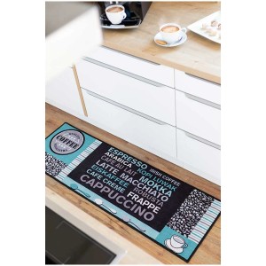 Tapis de couloir Andiamo Cafe Creme gris-turquoise 50x150 cm, motif café pour cuisine et couloir.