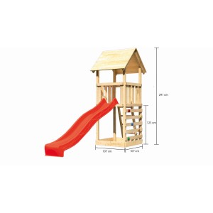 Tour de jeu Karibu Lotti en bois avec toboggan rouge et mur d'escalade, avec dimensions.