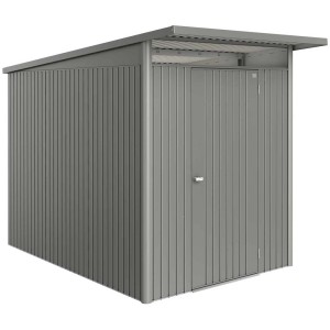 Casetta da giardino Biohort AvantGarde Eco Gr. A3 in grigio quarzo metallizzato con tetto a una falda e porta standard.