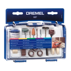 Dremel 687 Set multiuso in scatola blu con vari accessori per utensili.