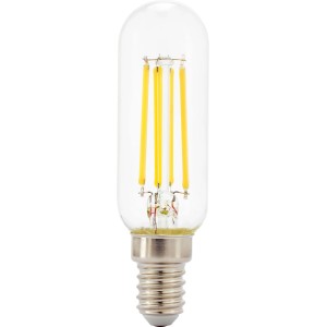 Klares, röhrenförmiges E14 LED Leuchtmittel mit 4 gelben Filamenten. Warmweißes Licht (2.700 K), 4,5 W.