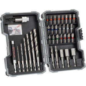 Set Bosch Pro 35 pezzi per legno in valigetta aperta. Punte per legno, inserti per avvitatura e portainserti magnetico.