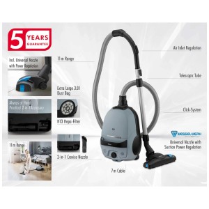 Aspirapolvere a traino Trisa Comfort Clean T3611, con filtro HEPA e bocchetta universale.