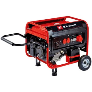 Groupe électrogène essence Einhell TC-PG 65/E5 : Générateur mobile avec roues, cadre rouge et panneau de commande noir.