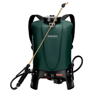 Nebulizzatore a zaino a batteria Metabo RSG 18 LTX 15, verde scuro, con imbracatura nera e lancia dorata.