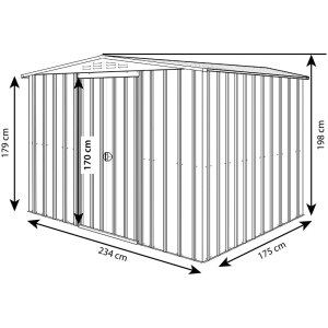 Schéma d'abri de jardin en métal anthracite 8x6, dimensions 179,5x234x175 cm, abri avec porte coulissante et ventilation.