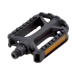 Pédale VTT noire en plastique avec réflecteur pour vélos.