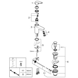 Vue éclatée du mitigeur de lavabo Grohe Swift, chrome, pièces numérotées.