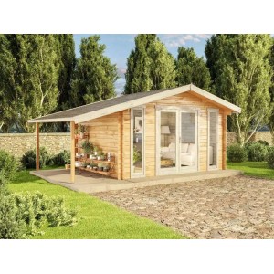 Abri de jardin Alpholz Mirko avec toit à deux pentes et appentis, aspect bois, intégré dans un environnement de jardin verdoyant.