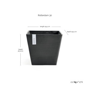 Vaso per piante quadrato Ecopots Rotterdam 30 cm grigio scuro. Ideale per interni ed esterni.