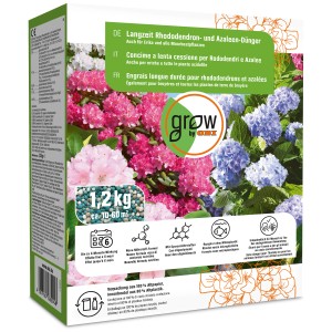 Engrais longue durée pour rhododendrons GROW by OBI, paquet de 1,2 kg avec fleurs de rhododendrons et d'hortensias.