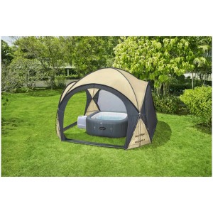 Tente de piscine Bestway Lay-Z-Spa Dome avec jacuzzi dans jardin, beige/noir, protection UV.