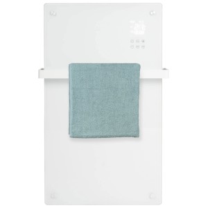 Radiateur de salle de bain blanc Eurom Alutherm Sani Verre avec serviette et affichage numérique.